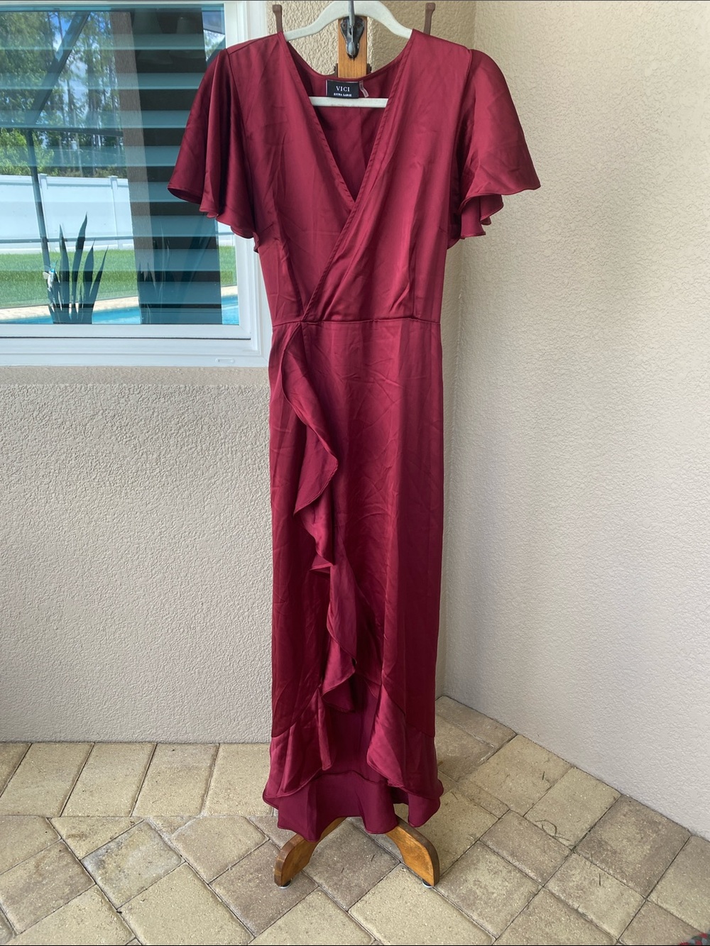VICI Burgundy Wrap Maxi Dress with Ruffle Trim